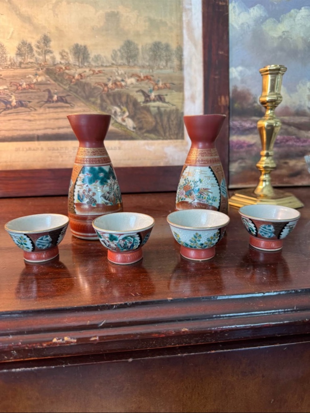 Vintage Japanese Sake Set Hand Painted Tokkuri & Ochoko Cups 6 Pc Asian Barware